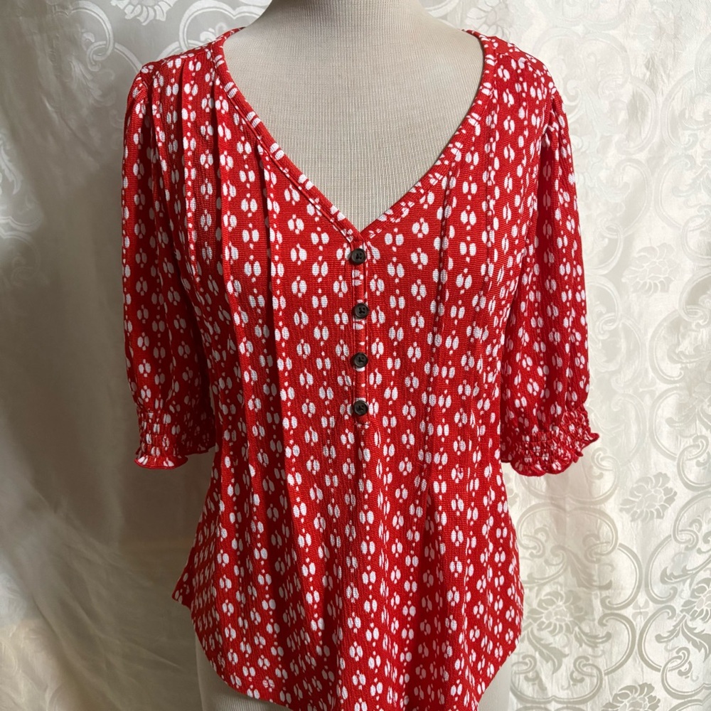 Fred David Red V-Neck Button Front Dotted Blouse